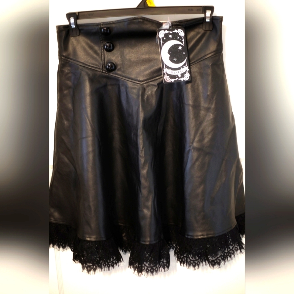 Killstar Black Faux Leather Skirt with Lace Trim, Size XL
